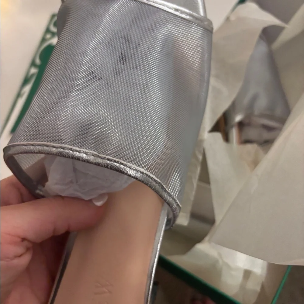 NWB J. Crew Mule Block Heel Sandals in Silver Metallic Mesh Size 12
